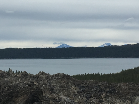 Newberry Crater - View of Mt Bachelor and South Sister over Paulina Lake from the Big Obsidian Flow